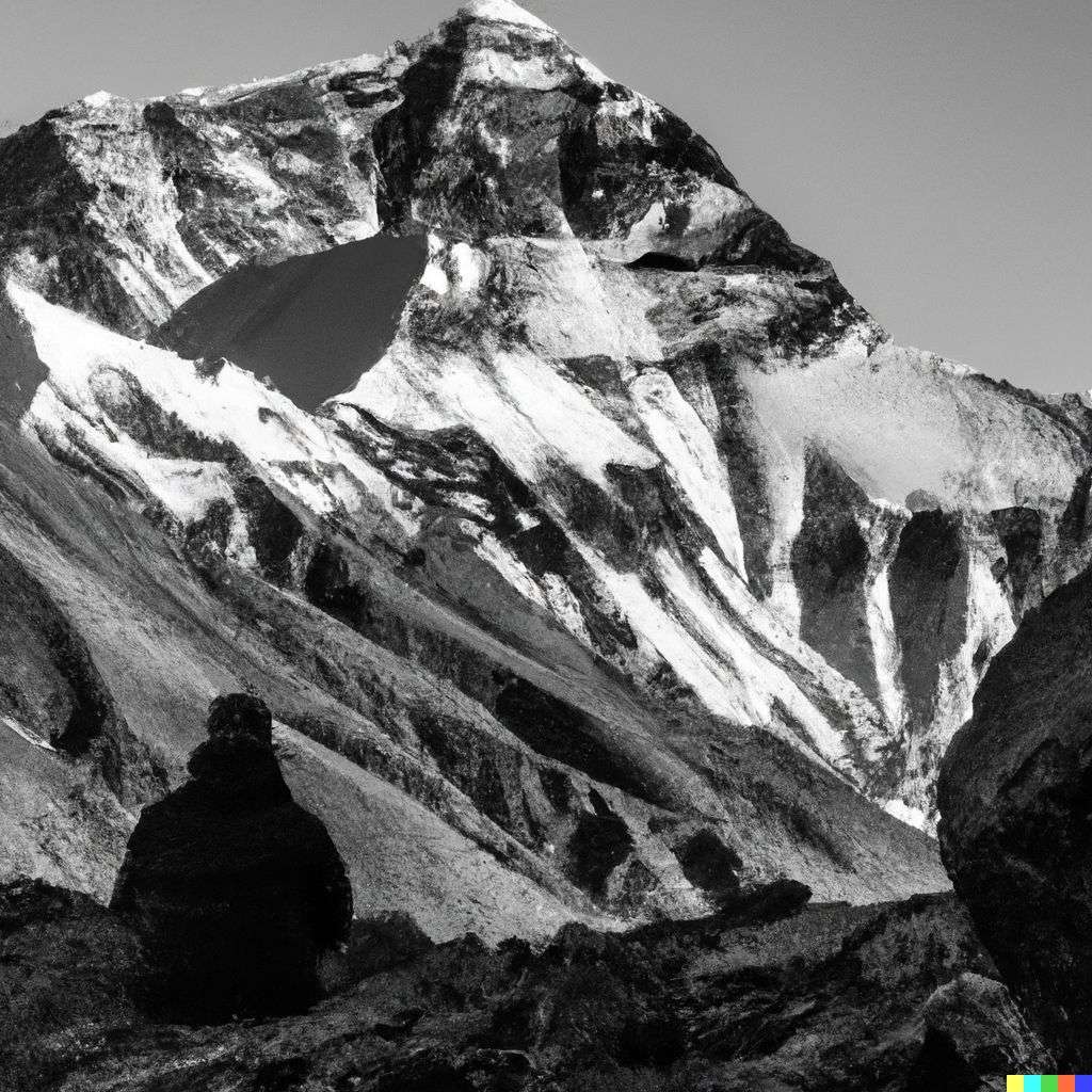 someone gazing at Mount Everest, photograph, black and white